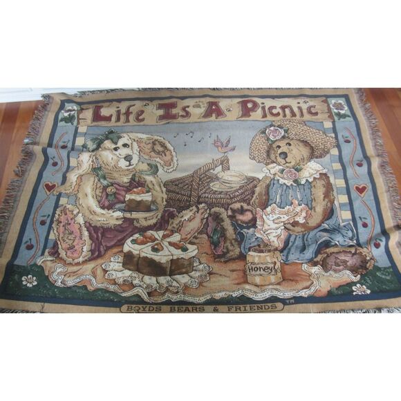 Boyds Bears and Friends  Fringed Tapestry Throw " Life is a Picnic "  68”x52” - Picture 1 of 5